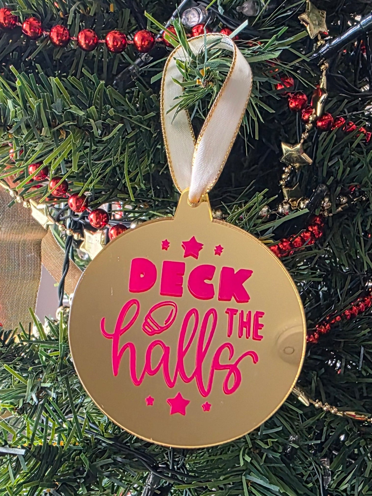 Ornament - Deck the Halls pink on gold
